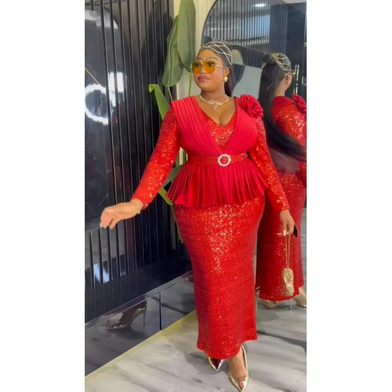 Red Sequin Pleated Peplum Maxi Dress for Christmas Holiday Cocktail Dinner Gala Engagement Ceremony Wedding Guest Mother of The Bride