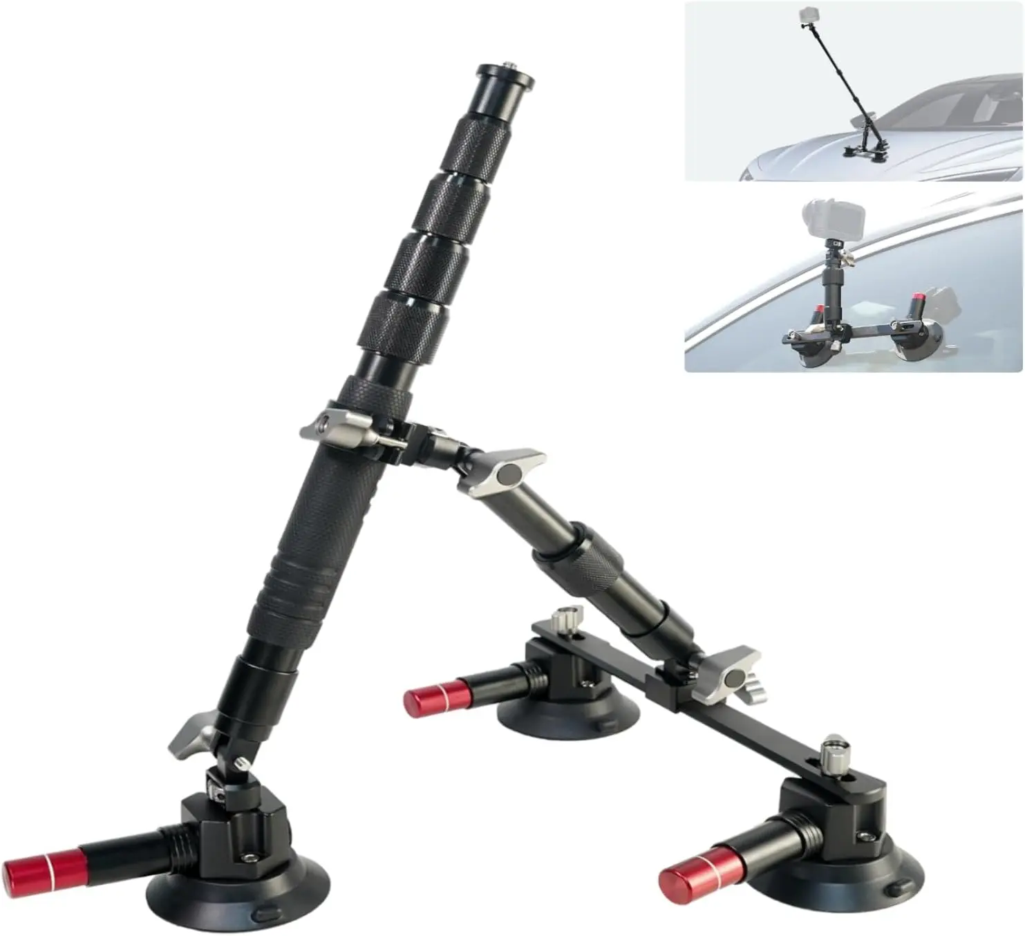 Triple Suction Cup  Mount Kit with 2in1 Selfie Stick, Quick Release Adjustable Extension Pole Camera Mount for Windshield Dashboard Hood, Compatible with  Insta360 DJI Action Cameras