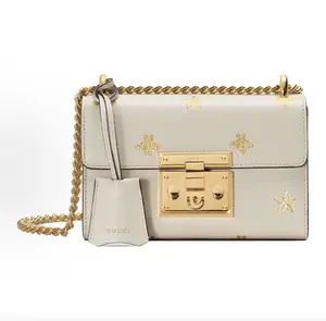 Pre-owned GUCCI Padlock Metal Lock Bee & Star Pattern Chain Shoulder & Crossbody Bag, White