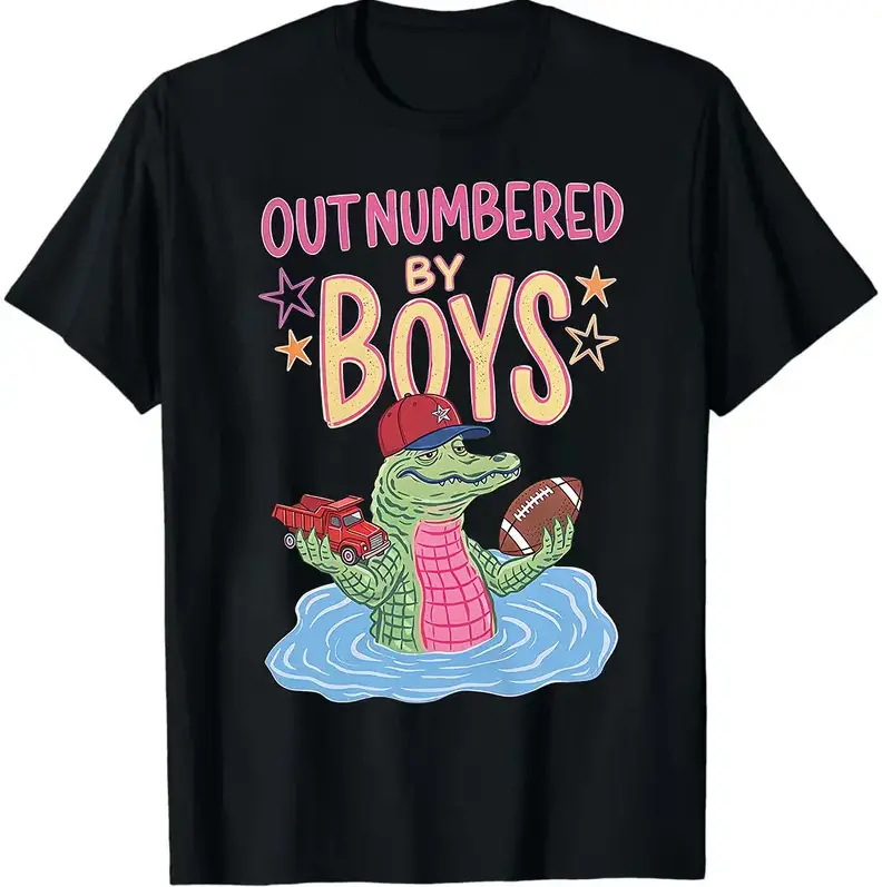 Outnumbered By Boys Cartoon Gator Unisex Oversize Graphic Heavyweight Cotton Round Neck T-Shirt, Funny Boy Mom Southern Alligator Print Tee, Casual Daily Outfits For Women & Men