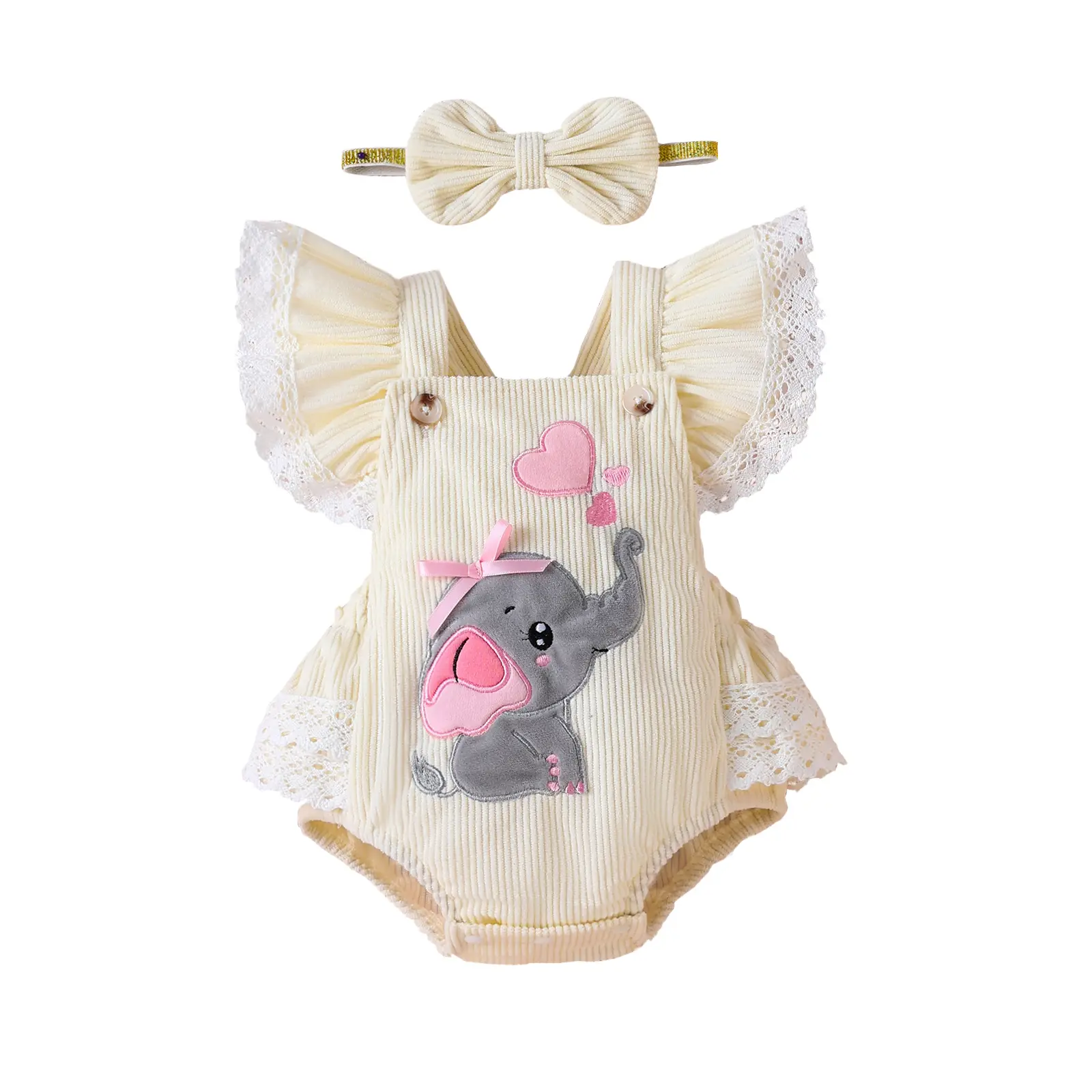 Newborn Baby Girl Bodysuit - Cute Fly-Sleeve Embroidered Elephant Heart Romper with Hairband, Valentine’s Day Baby Clothing, Animal Elephant Print Outfit