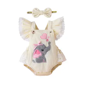 Newborn Baby Girl Bodysuit - Cute Fly-Sleeve Embroidered Elephant Heart Romper with Hairband, Valentine’s Day Baby Clothing, Animal Elephant Print Outfit