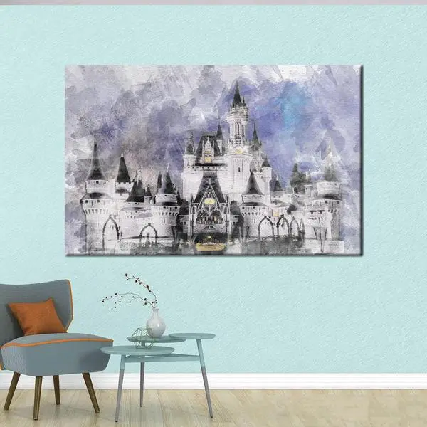 Cinderella Castle Landscape Framed Canvas Art - Vintage Room Decor For Girls