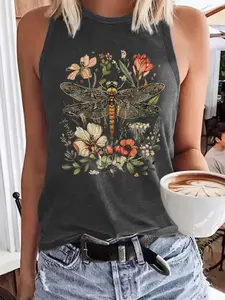 Women's Dragonfly & Floral Print Round Neck Tank Top, Casual Sleeveless Printed Graphic Top for Summer, Ladies Clothes for Daily Wear, Socks