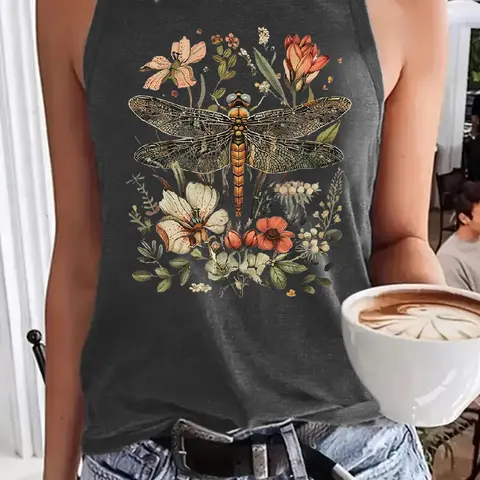 Dragonfly Floral Print Tank Top, Summer Casual Round Neck Vest, Women's Sleeveless Fitted Top, Fashionable Ladies' Clothing, Floral Beach Tops, Womenswear
