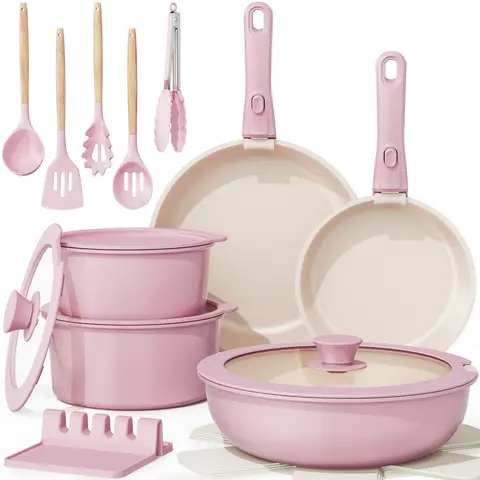 Astercook 21-Pc Ceramic Nonstick Aluminum Cookware Kitchen Set - Induction-Ready, Detachable Locking Handle, Stable Grip, Easy-Clean, Dishwasher & Oven Safe, Durable Silicone Kitchen Supplies, Family-Size Home Goods Bundle (Summer Sale Deal)
