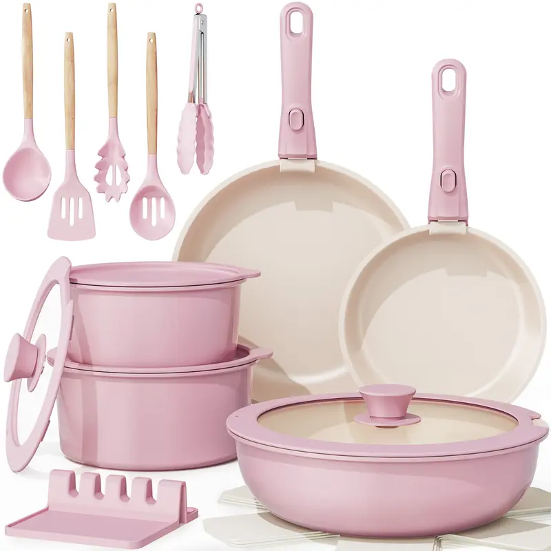 Astercook 21-Pc Ceramic Nonstick Aluminum Cookware Kitchen Set - Induction-Ready, Detachable Locking Handle, Stable Grip, Easy-Clean, Dishwasher & Oven Safe, Durable Silicone Kitchen Supplies, Family-Size Home Goods Bundle (Summer Sale Deal)