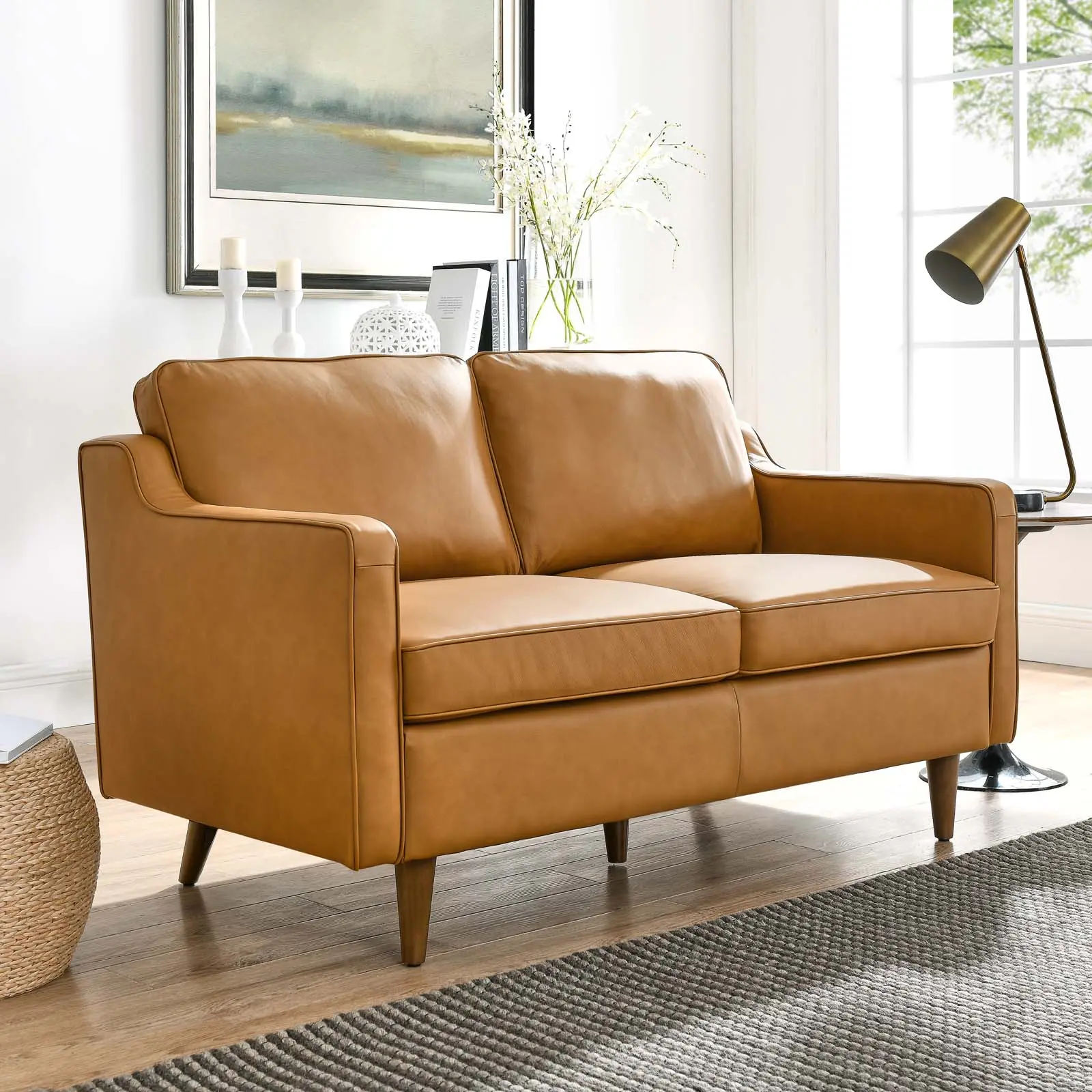 Modway Impart Genuine Leather Sofa - Modern Tan Loveseat, Easy Setup Indoor Furniture for Living Room, Home Office & Entryway