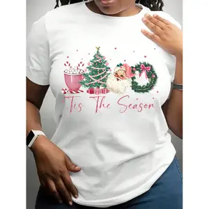 Women's Festive Christmas Tree Cup Graphic T-Shirt, Casual Round Neck Short Sleeve Top, Stretch Knit Fabric, Polyester, All-Season Fashion Tee