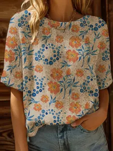 Spring Summer Knit Top, One Shoulder Short Sleeve Fitted, Colorblock Floral Flower Print, Casual Elegance Commute Wear, Boho Beach Style