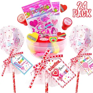 Kids Valentines Day Stationery Set 24 Pack Giant Lollipop Shaped School Supplies with Pencils, Stickers, Erasers, Sharpener, Stampers, Cards for Classroom Exchange Party Favors