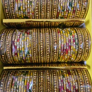 Gold Multi-Color Glass Bangles - Elegant Design with Detailed Beadwork