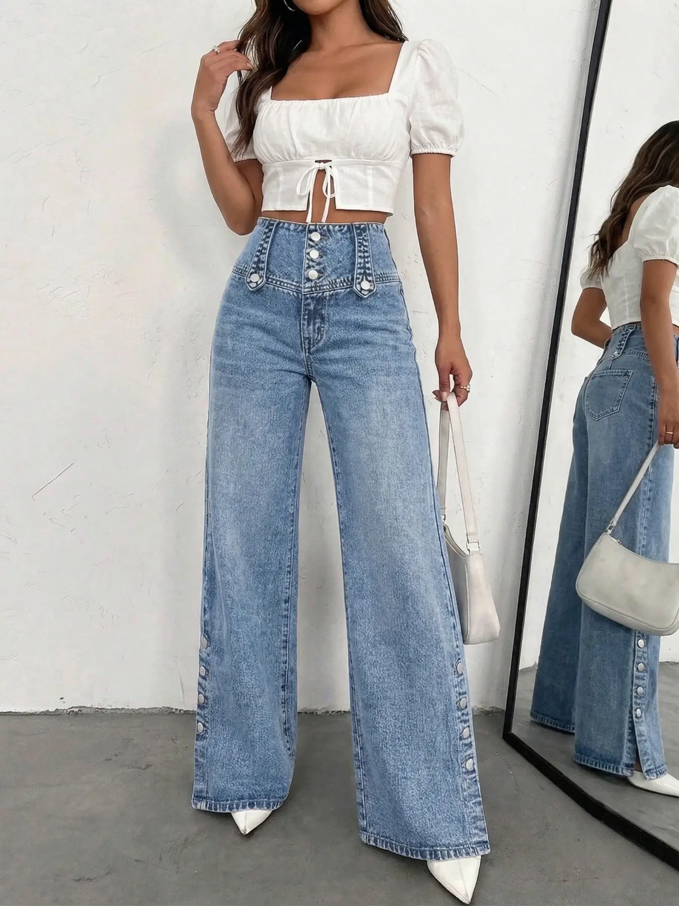 Women's Four-Season Denim Fashion Aesthetic Side Split Button Daily Commute Versatile Fit Mid-Waist Blue Pocket Jeans Pants, Trendy and Comfortable