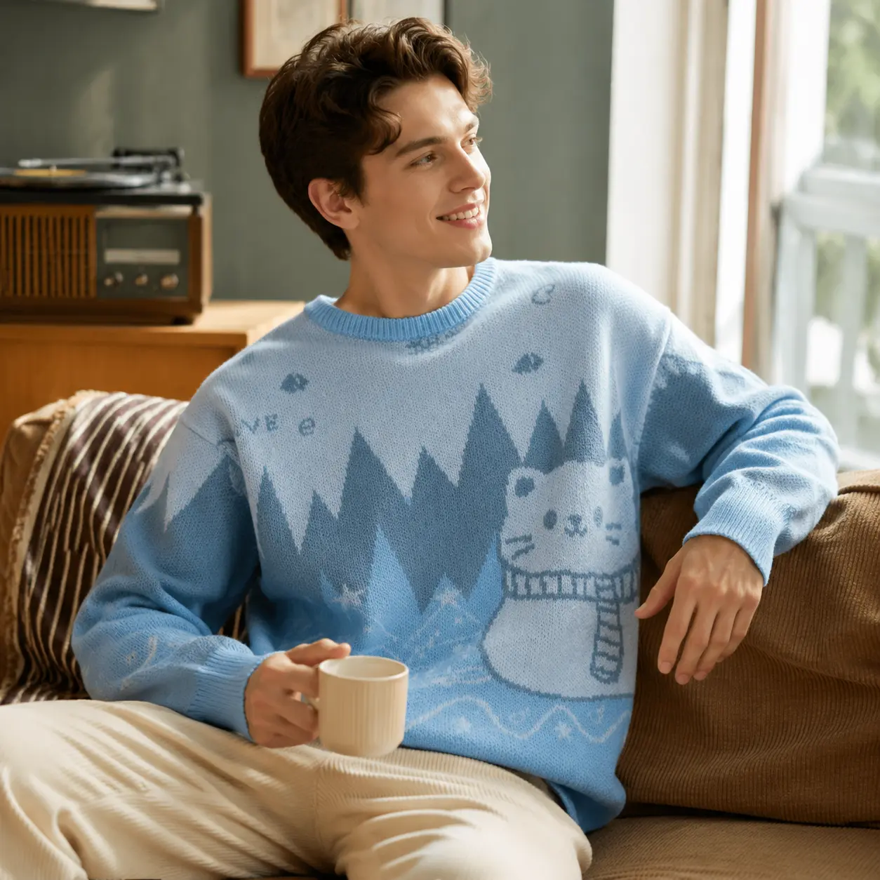 Men's Kawaii Cat & Snowflake Graphic Knit Sweater, Oversize Baggy Crew Neck Top with Longsleeves for Winter Wear, Menswear, Knitwear, Casual, Chic, Round Neck