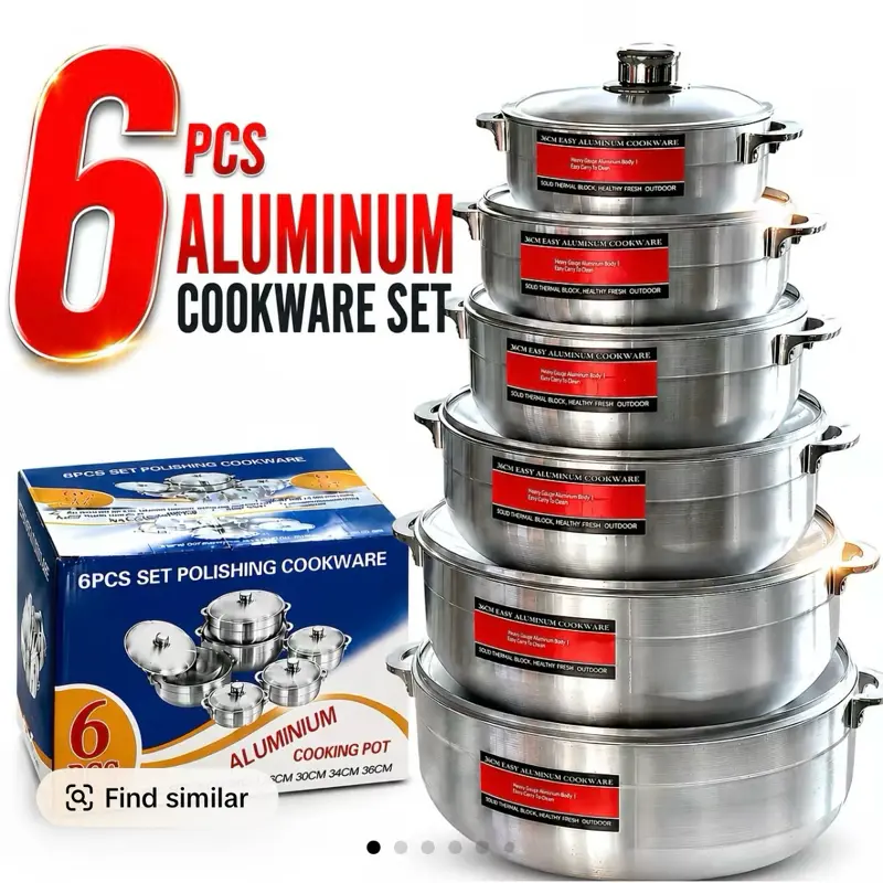6 PCS Lightweight Aluminum-Based Pots Set with Handles & Matching Lids, 20-36cm Silver Cookware for Easy Handling in Kitchens & Restaurants