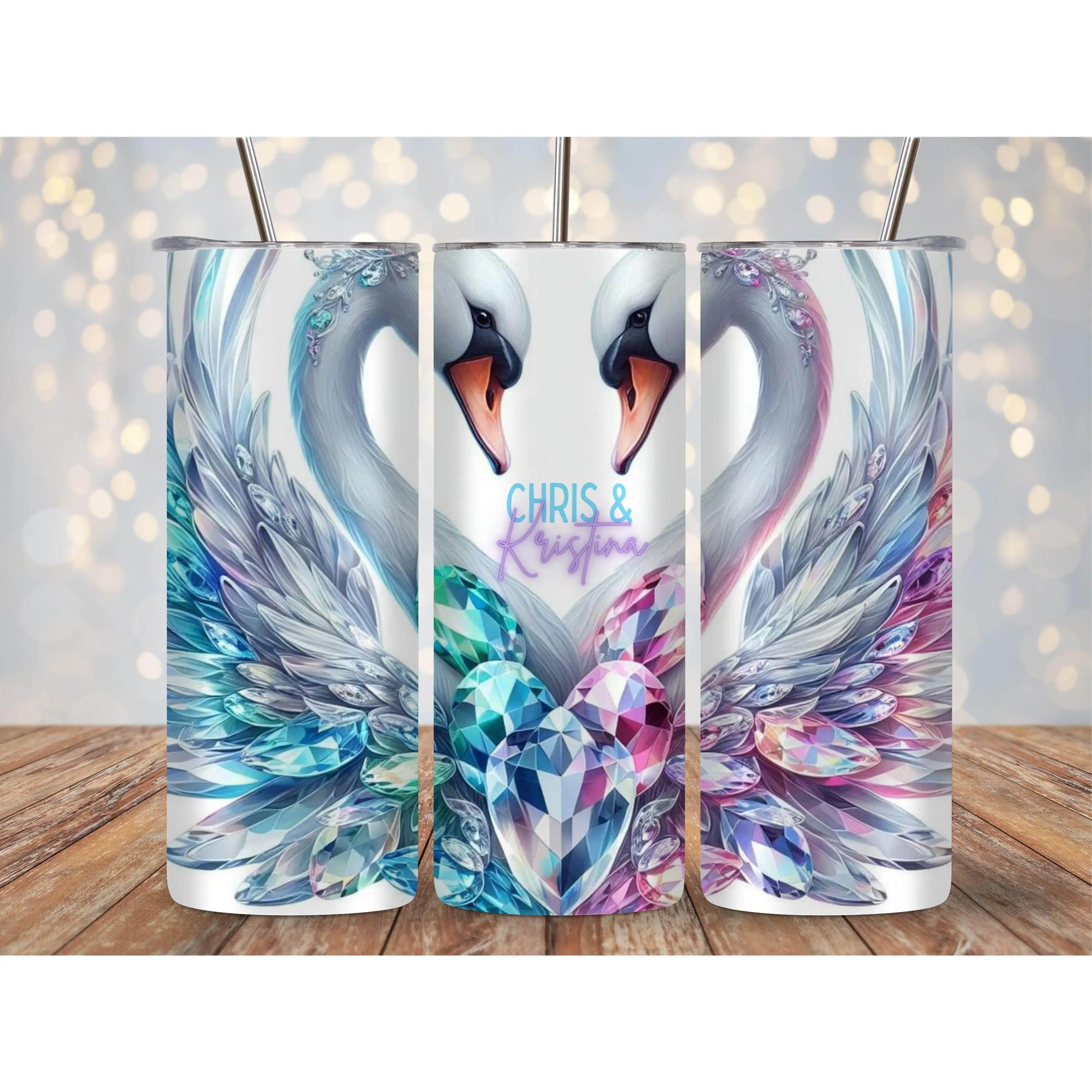 Jeweled In Love Swans 20oz Tumbler Personalized With Names – Romantic Couples Gift, Custom Drinkware, Wedding & Anniversary Keepsake