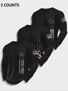 Men's 3-Piece Knit Flag Gradient Print Crew Neck Long Sleeve Fitted T-Shirt Set, Spring Outdoor Casual Pullover Tee, 3-Pack