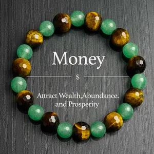 1Pc Natural Crystal Money Attraction Bracelet - Green Aventurine & Hexagonal Tiger Eye, Blue Colorblock Beaded Jewelry, Protection Gift for Friendship Encouragement, Fashion Artificial Daily Accessory