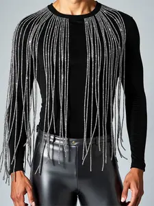 INCERUN Men's Fashion Casual Streetwear Glitter Fringe Tassel Round Neck Long Sleeve Polyester T-Shirt, Perfect for Daily Wear, Stylish and Comfortable