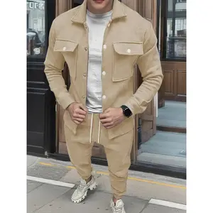 Men's Fashion Solid Color Pocket Open Button Collar Jacket and Solid Color Tethered Pants Set