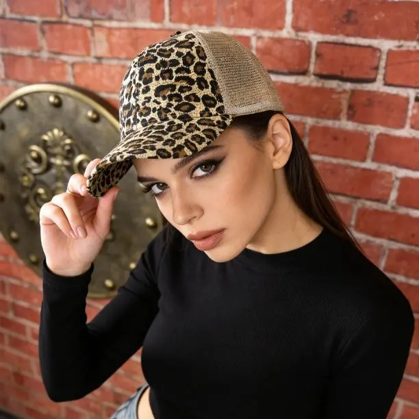 High Ponytail Design Leopard Print Baseball Cap Camouflage Mesh Curved Brim Hat, Mesh Cap Sports & Outdoor Hats, Novelty Print Sports & Outdoor Hats