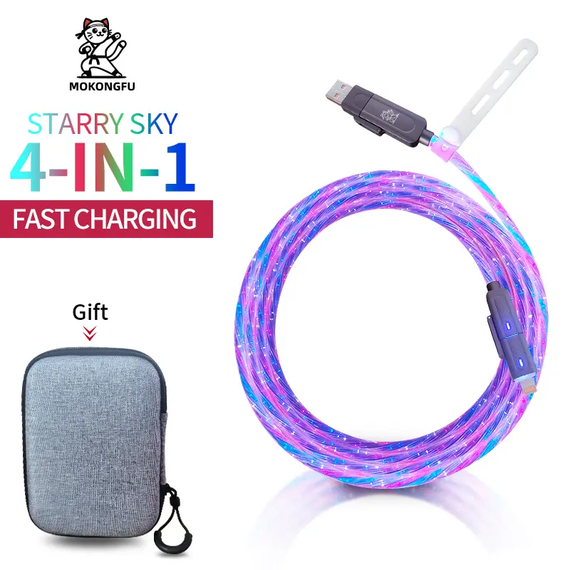 Mokongfu 120W 4-in-1 Charger Cable - Glowing LED Fast Charging Cord with USB-A & USB-C, Car Essential, Universal Lightning-Compatible Option for iPhone 15/16/17, iPad, Samsung Galaxy, 4-In-1 Charger Cables, Usb-C Charging Cables