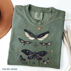 Comfort Colors Vintage Celestial Luna Moth T-Shirt, Nature Lover Graphic Tee, Boho Summer TShirt, Spiritual Insect Tee, Cottagecore, Summer for Girl, Cotton Fabric