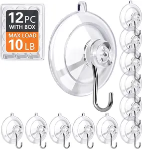 Suction Cup Hooks 12Pack - Max Load 10LB, 1.77Inch Clear Medium Suction Cups, No Trace, Reusable & Removable, Stainless Steel Hooks, for Tile, Glass, Window, Shower, Kitchen, Bathroom