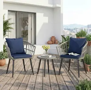 3 Piece Outdoor Patio Furniture Set, Wicker Bistro Chairs with Glass Top Table for Apartment Balcony, Small Backyard, Porch and Deck, Gray