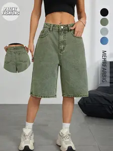 Solid Wash Blue Bermuda Denim Shorts for Women, Casual Sporty Fitted Style with Pockets and Button, Perfect for Daily and Outdoor Activities in Spring & Fall