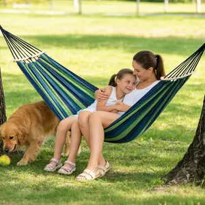 Portable Double Camping Hammock with Tree Straps & Anti-Roll Balance Beam - 500lbs Capacity - Ideal for Patio, Backyard, or Camping - Blue-Green Bar, 330x150cm