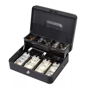 bill organizer box 11.8" Cash Box with Money Tray lock Large Steel 5 Compartment Key Black Tiered