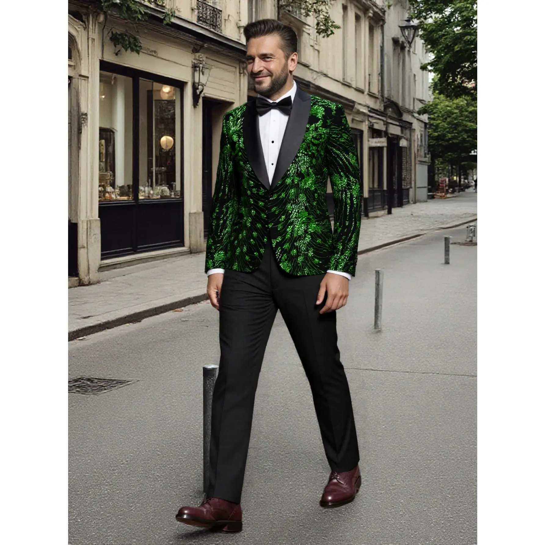 Men's Suit Two-Piece Tuxedo Set - Sparkling Sequins Blazer & Black Slim-Fit Pant | Stage Wedding Party Elegance Blazer Jacket