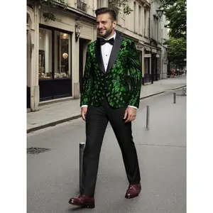 Men's Suit Two-Piece Tuxedo Set - Sparkling Sequins Blazer & Black Slim-Fit Pant | Stage Wedding Party Elegance Blazer Jacket