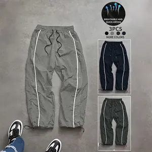 3-Pack Men’s Quick-Dry Streetwear Joggers, Loose Straight-Leg Casual Pants with Adjustable Drawstring Cuffs, Breathable Athletic Pants