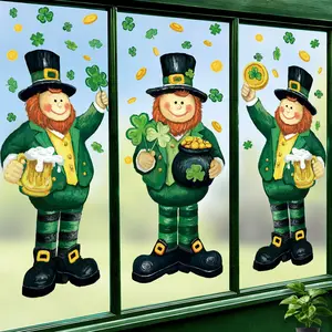 3 Sheets Extra Large St Patrick's Day Leprechaun Decorative Window Cling Stickers 13.4X34.6 inch, Green Shamrock Irish Style Window Decals Double Sided for Home  Office Spring Party Decoration Clover