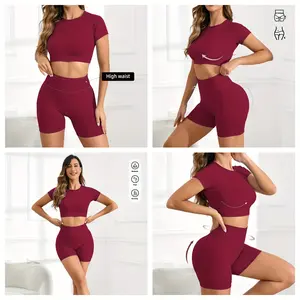 2-piece set, seamless nylon high elasticity breathable comfortable short sleeved top with hip lifting shaping tight yoga, running fitness shorts