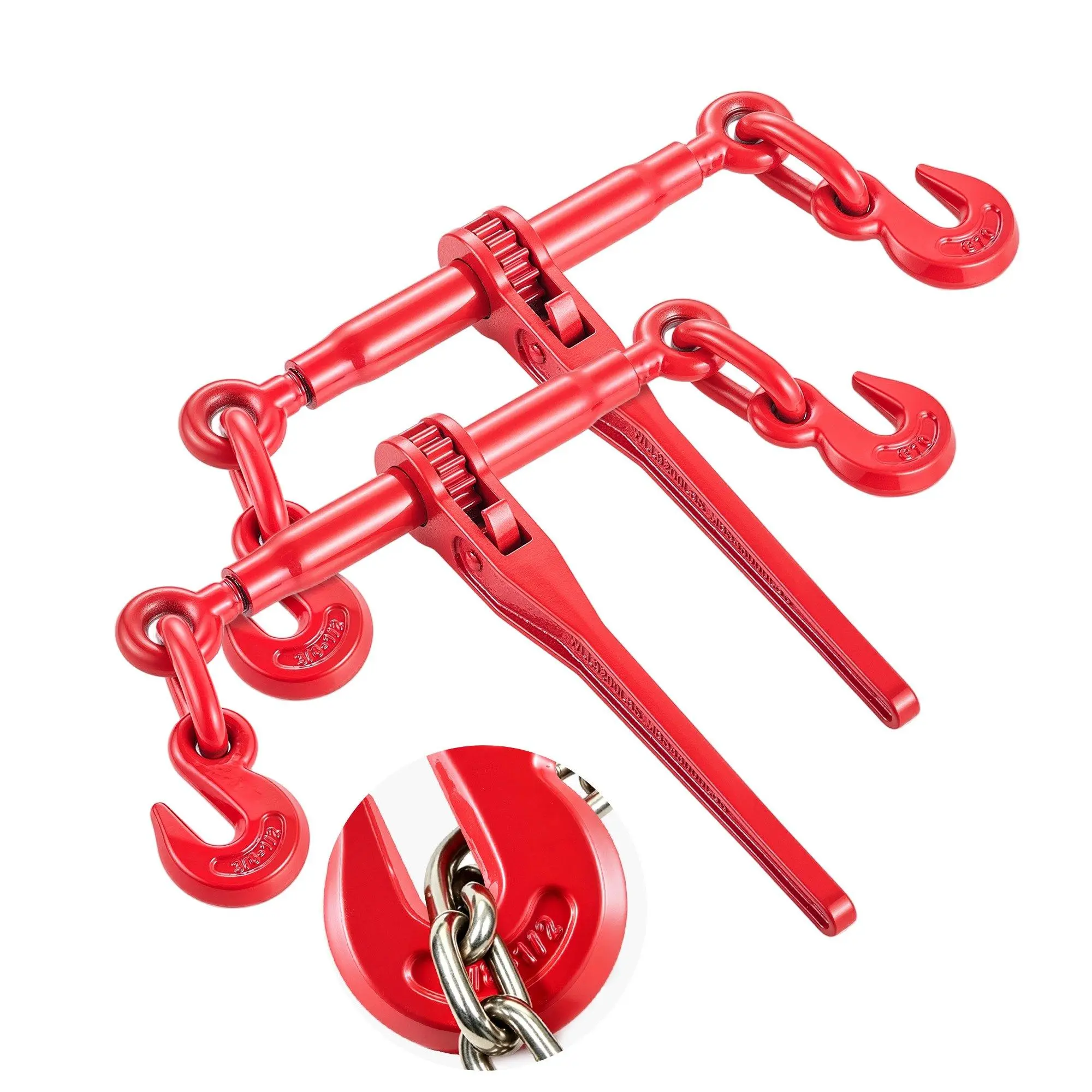 Red 2/4-Pack 9215LBS Ratchet Binders, 3/8"-1/2" Size, G70 Hooks, Adjustable Length, 9215LBS Secure Working Load, for Grade 70-80 Chains, Towing & Hauling Tie-Downs