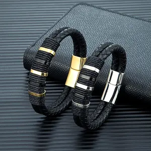 Punk Mens Double-Row Braided Leather Bracelet Bangle Wristband with Stainless Steel Ornaments Gift For Boy Male Father