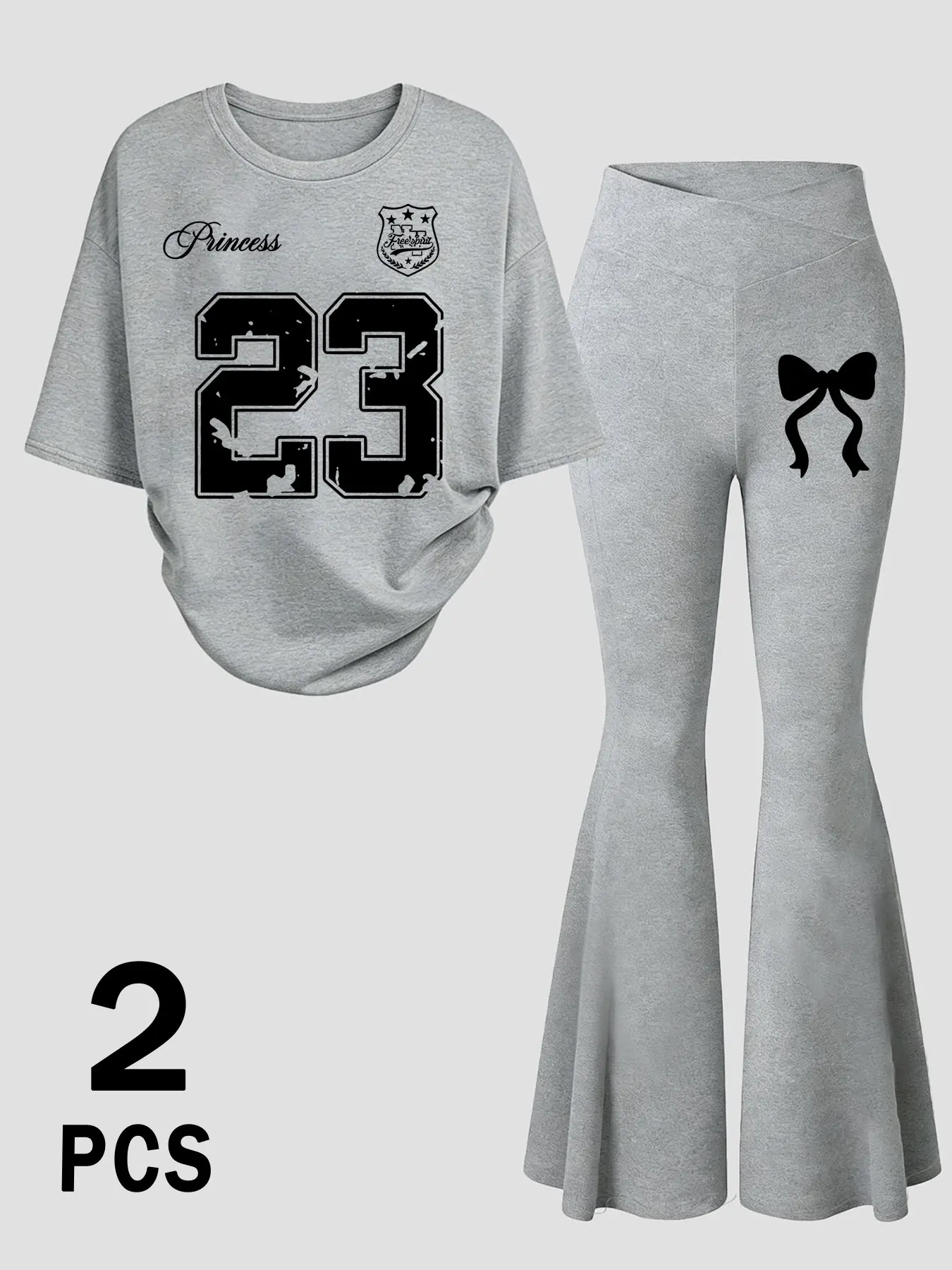 🎀 TikTok Viral Y2K 2-Piece Princess Flare Set Womenswear Oversized "23 Princess" graphic tee + high-waisted flared pants with cute pink bow detail. Soft stretchy fabric,  Perfect for casual days, TikTok fits, and effortless style! Comfy, trendy Outfits