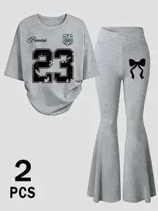 🎀 TikTok Viral Y2K 2-Piece Princess Flare Set Womenswear Oversized "23 Princess" graphic tee + high-waisted flared pants with cute pink bow detail. Soft stretchy fabric,  Perfect for casual days, TikTok fits, and effortless style! Comfy, trendy Outfits