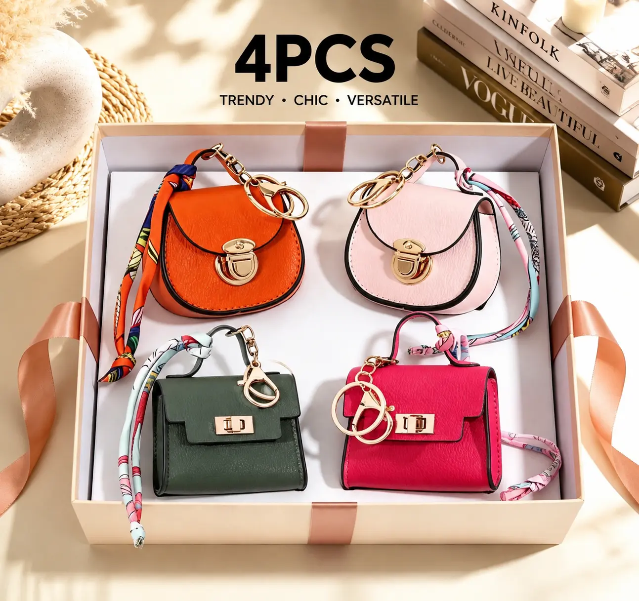 Leather Bag Charms 4-Piece Set, Trendy Mini Handbag Purse Accessories, Delicate Embellishments Gift for Women, Bag Charms For Handbags, Purse Accessories Charm,Fashion Keychain，Keychain Bag Pendant