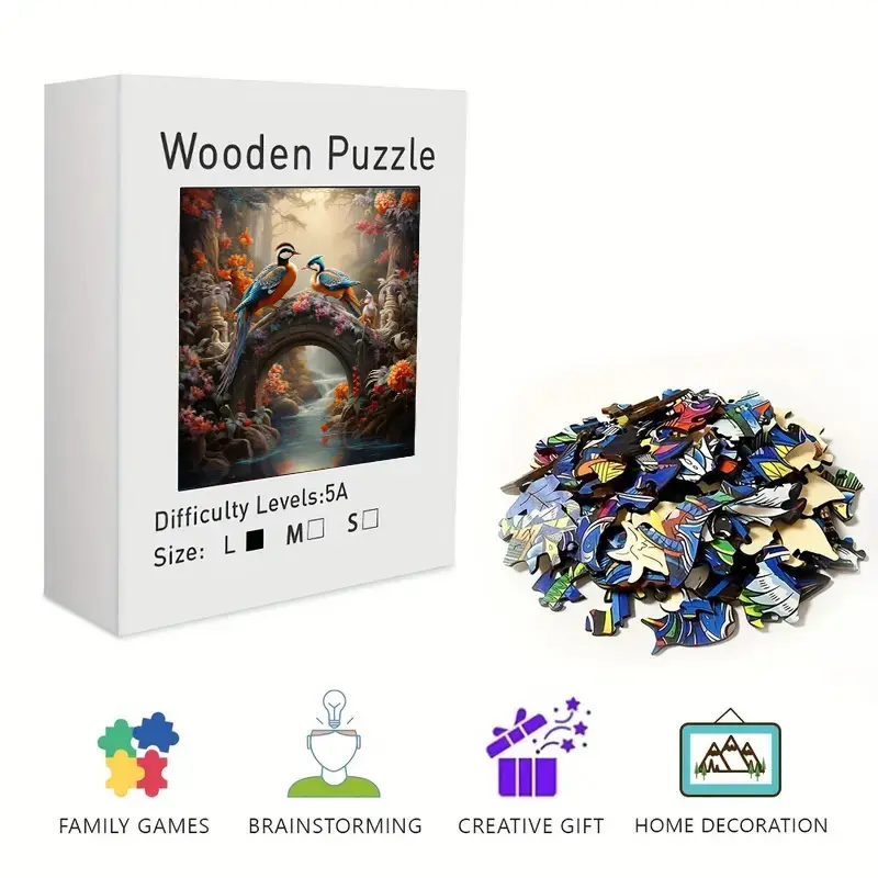 Wooden Jigsaw Puzzle for Adults & Kids - Unique Irregular Exotic Birds on Floral Bridge Art Puzzle, Challenging Brain Teaser, Artistic Home Decor Wall Art & Desk Ornament, Perfect for Stress Relief & Time Killing