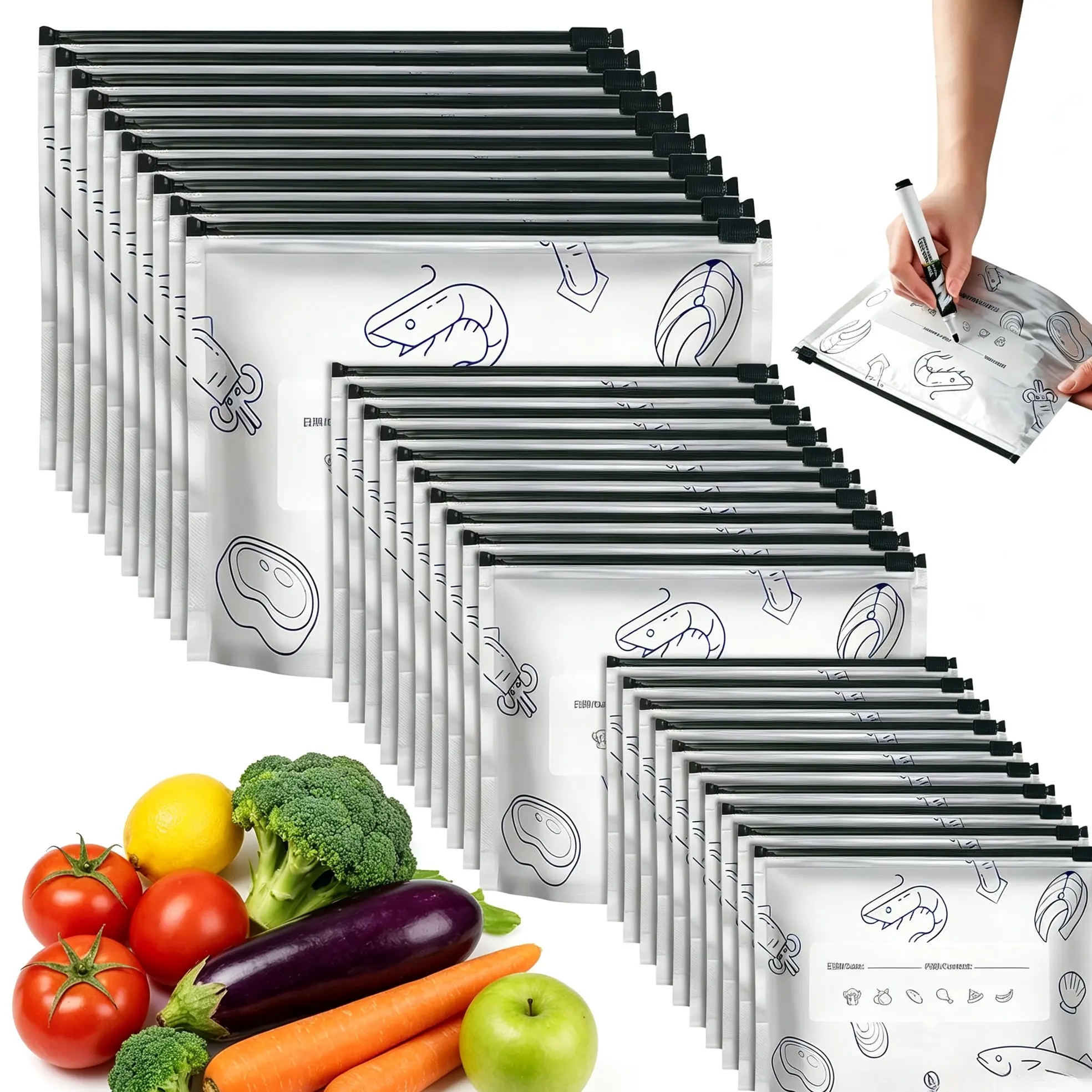 30-Pack Aluminum Foil Food Storage Bags set - 3 Sizes Reusable Zip-Lock Freezer Pouches with Writable Label Zone, Airtight Moisture-Proof Seal for Meat, Fruit Preservation