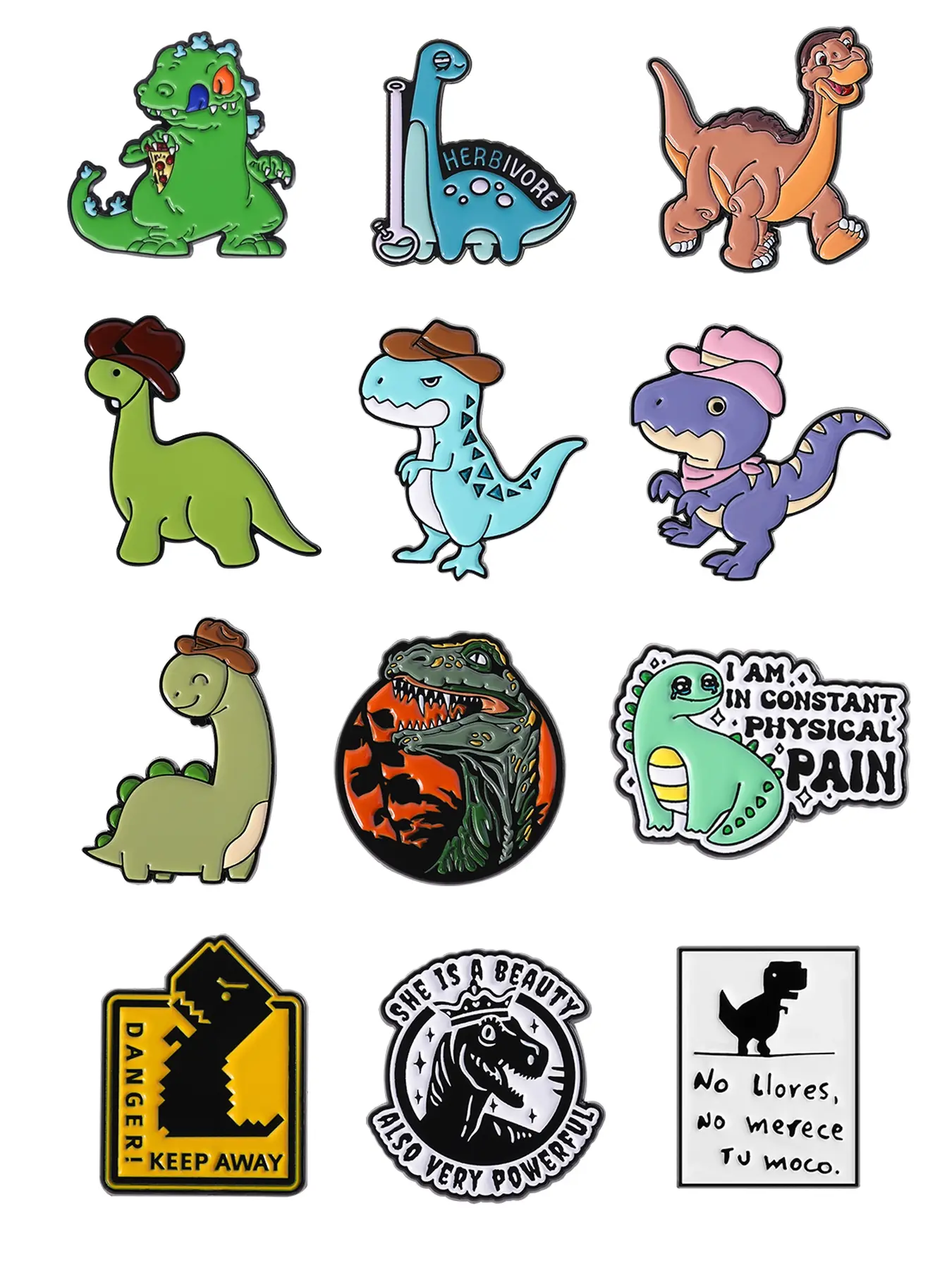 12-piece Cartoon Fun Dinosaur Enamel Finish Pins Cute T-rex Brontosaurus Animal Metal Brooches Shaped Badges Lapel Backpack Badge Fashion Unique Men Jewelry Accessories Gift for Friends Alloy Brooch Pin