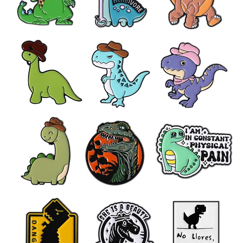 12-piece Cartoon Fun Dinosaur Enamel Finish Pins Cute T-rex Brontosaurus Animal Metal Brooches Shaped Badges Lapel Backpack Badge Fashion Unique Men Jewelry Accessories Gift for Friends Alloy Brooch Pin