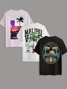 Men's 3-Pack California Beach Graphic T-Shirts - Minimalist Palm Tree & Slogan Prints, Classic Crew Neck, Perfect for Streetwear, Casual Daily Wear, Summer Essentials & West Coast Style, Beach Statement Tees