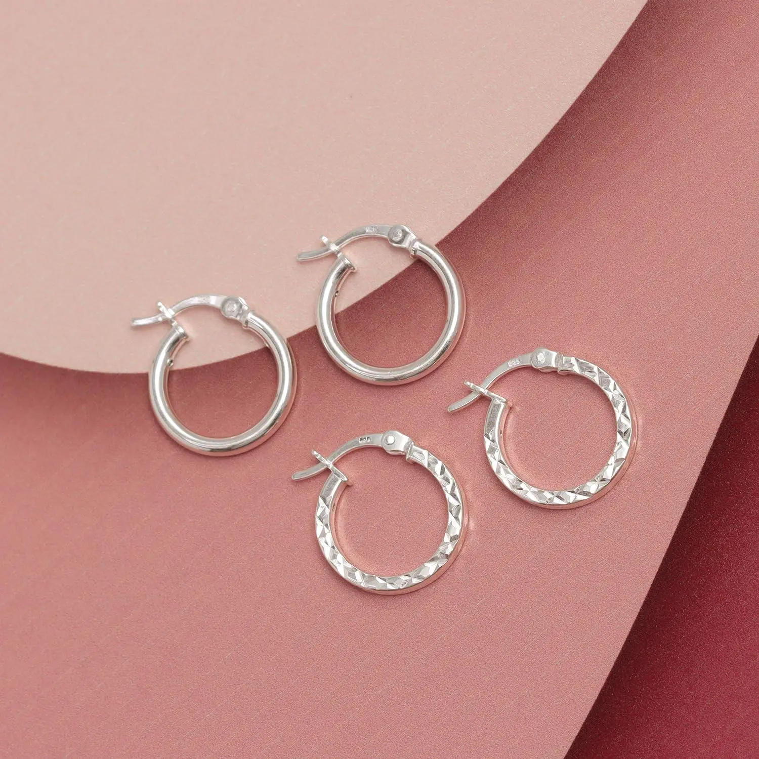LeCalla 925 Sterling Silver 15MM Small Classic Diamond-Cut Click-Top Hoop Earrings, 2-Pair Trendy Jewelry Set for Teen Women