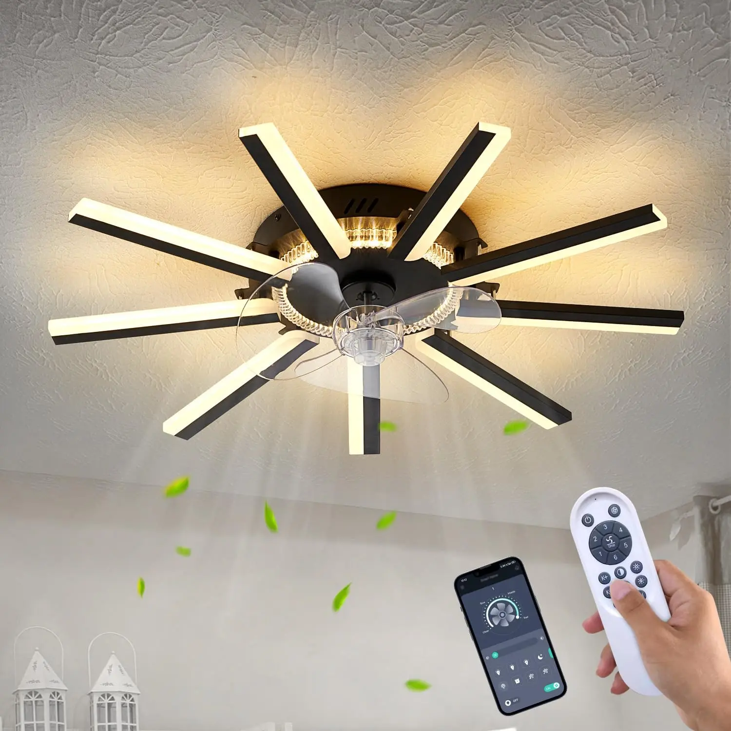 27" Ceiling Fan with Lights Remote Control, 3 Colors 6 Speeds Personalized Fashion Geometric Ceiling Fan, Black Low Profile Ceiling Fan with Light for Kitchen Bedroom