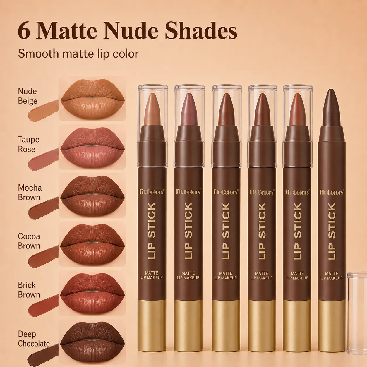 [Dealsforyou] Matte Lip Crayon, 2-in-1 Lip Liner & Lip Color, Velvet Nude Brown Makeup, Choose 1 of 6 Shades, 2.8g